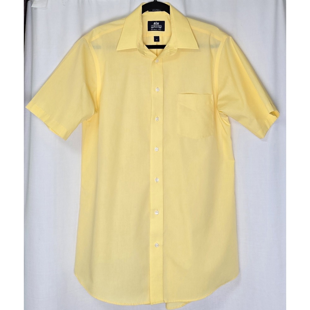 Stafford Super‎ Shirts Men Sz 16 Wrinkle Free Yellow Short Sleeve Button Up